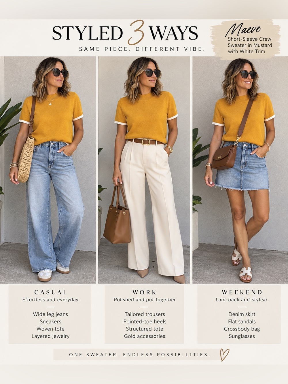 Maeve Short-Sleeve Crew Sweater in Mustard with White Trim